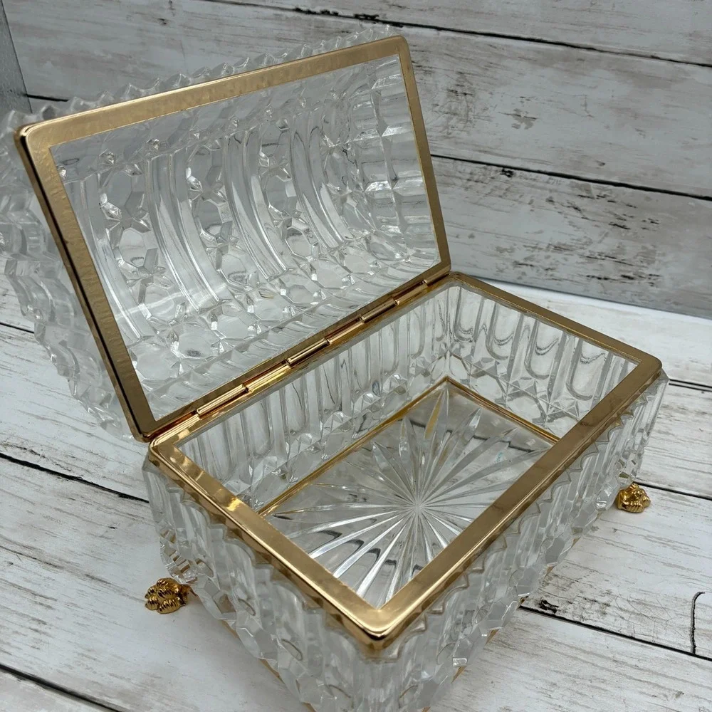 French Baccarat Style Jewelry Casket Footed Box Heavy Crystal Glass Hinged Lid